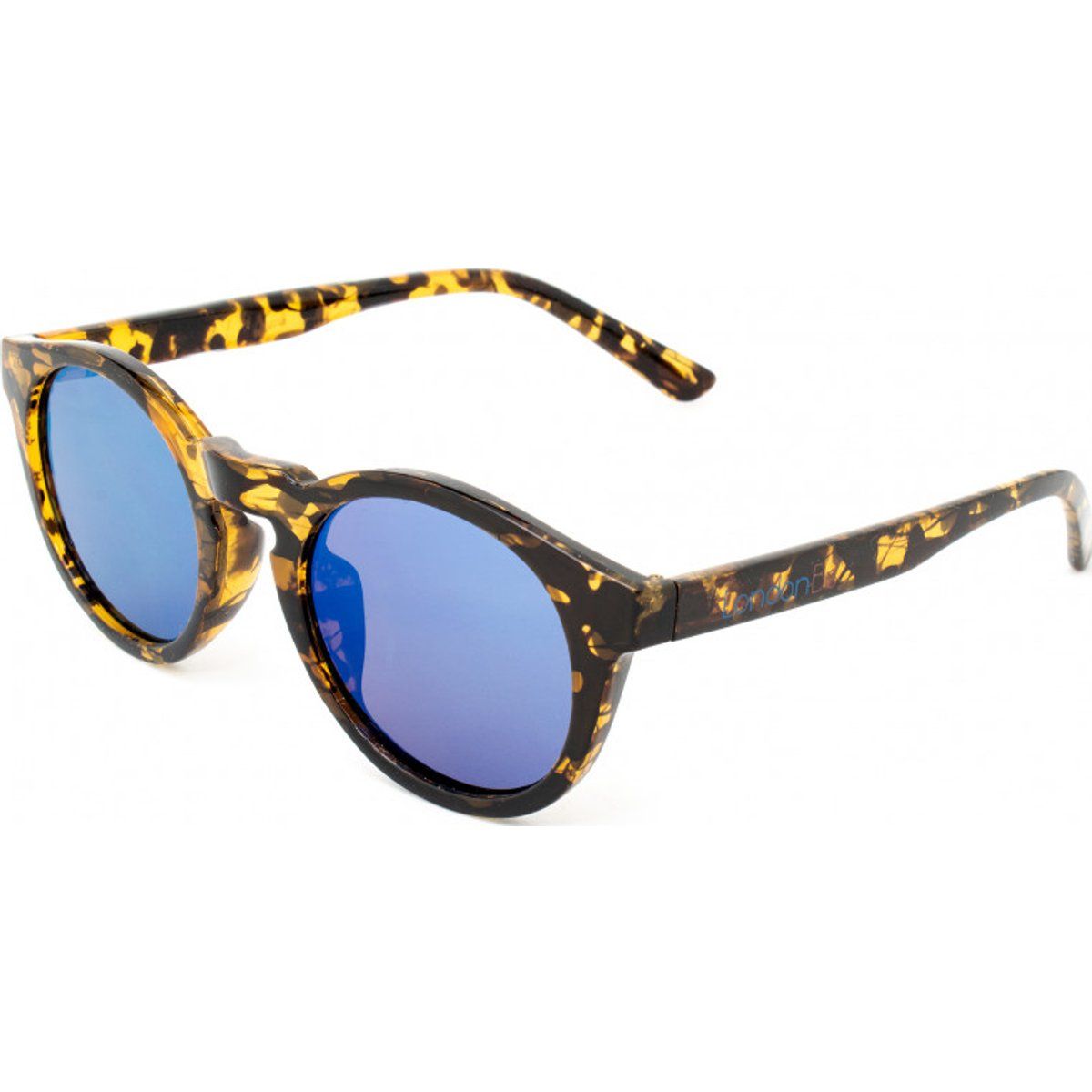 Runde Schildpatt-Sonnenbrille mit blauer Linse