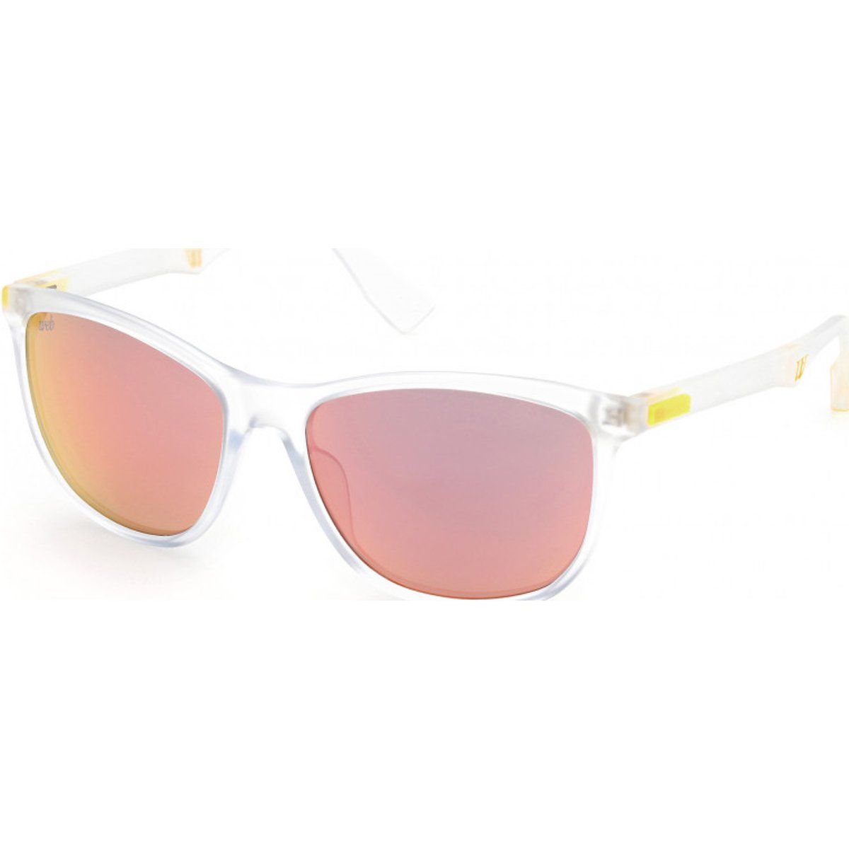 Moderne Sonnenbrille mit klarem Rahmen und rosa Gläsern