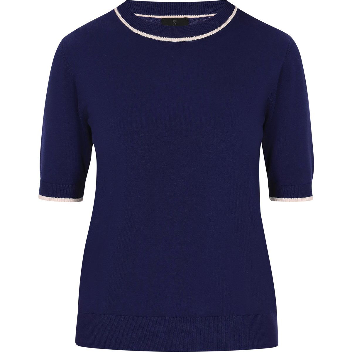 Marineblaues Kurzarm-Strickoberteil mit Borte