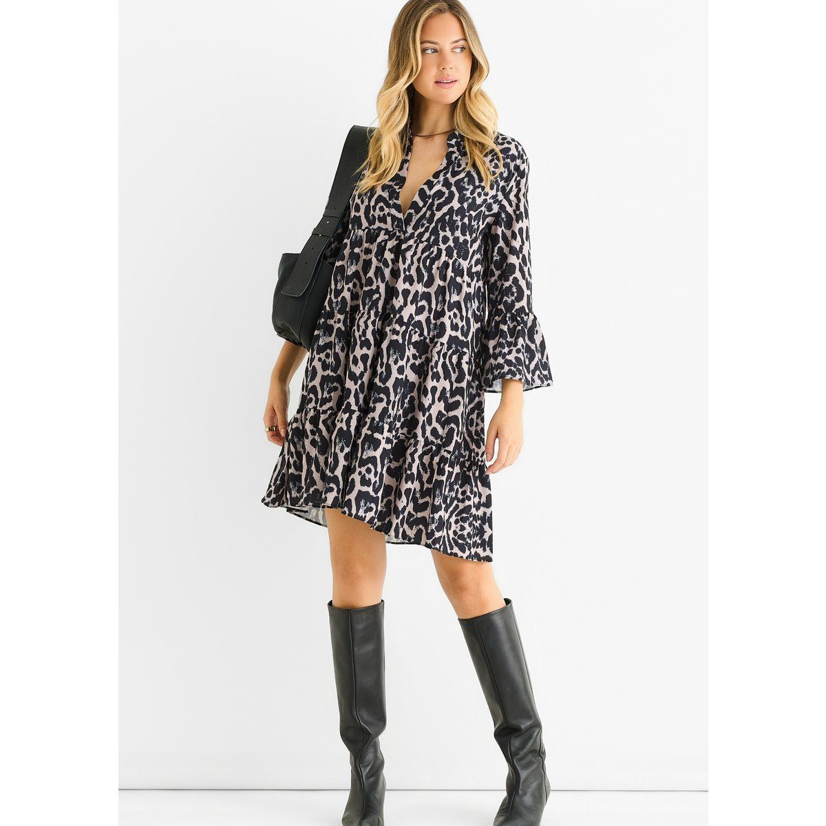 Graues Skater-Minikleid mit Tiermuster