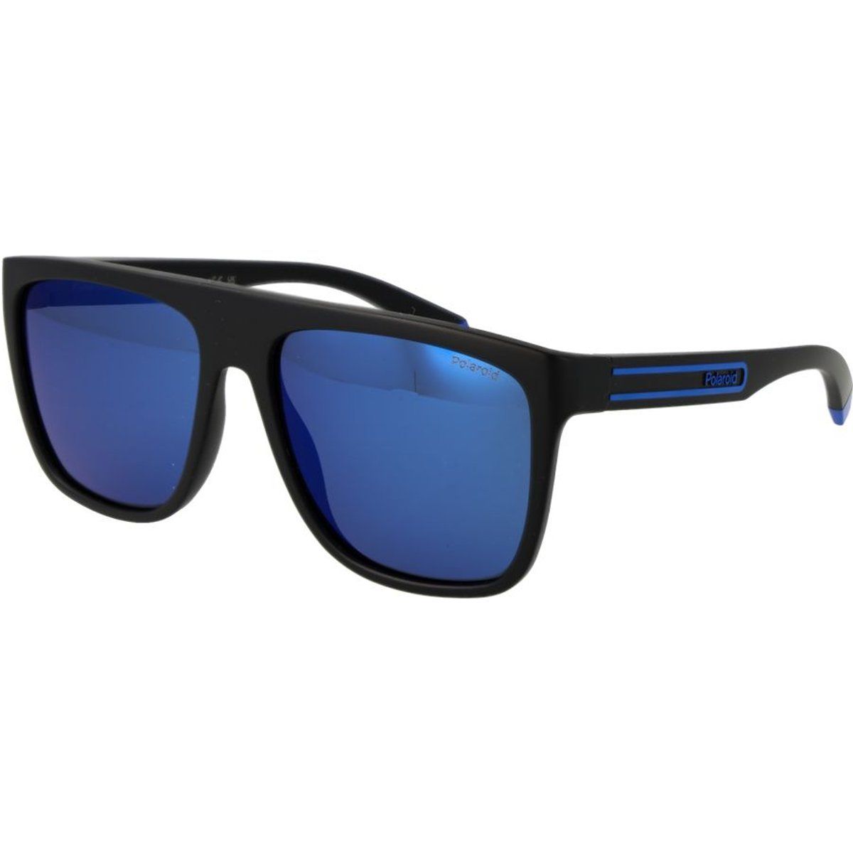 Rechteckige schwarze Sonnenbrille mit blauen Gläsern