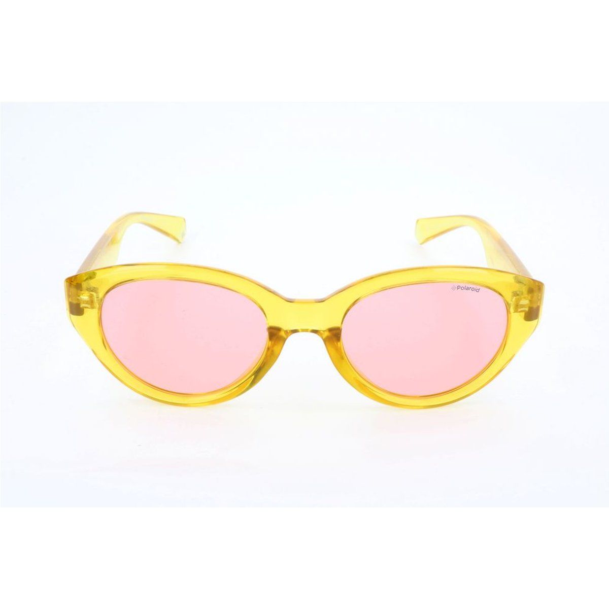 Gelbe Cat-Eye-Sonnenbrille mit pinken Gläsern