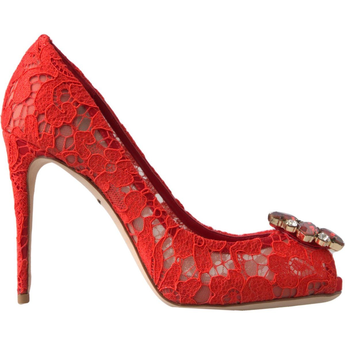 Rote Spitzen-Peep-Toe-Pumps mit Verzierungen
