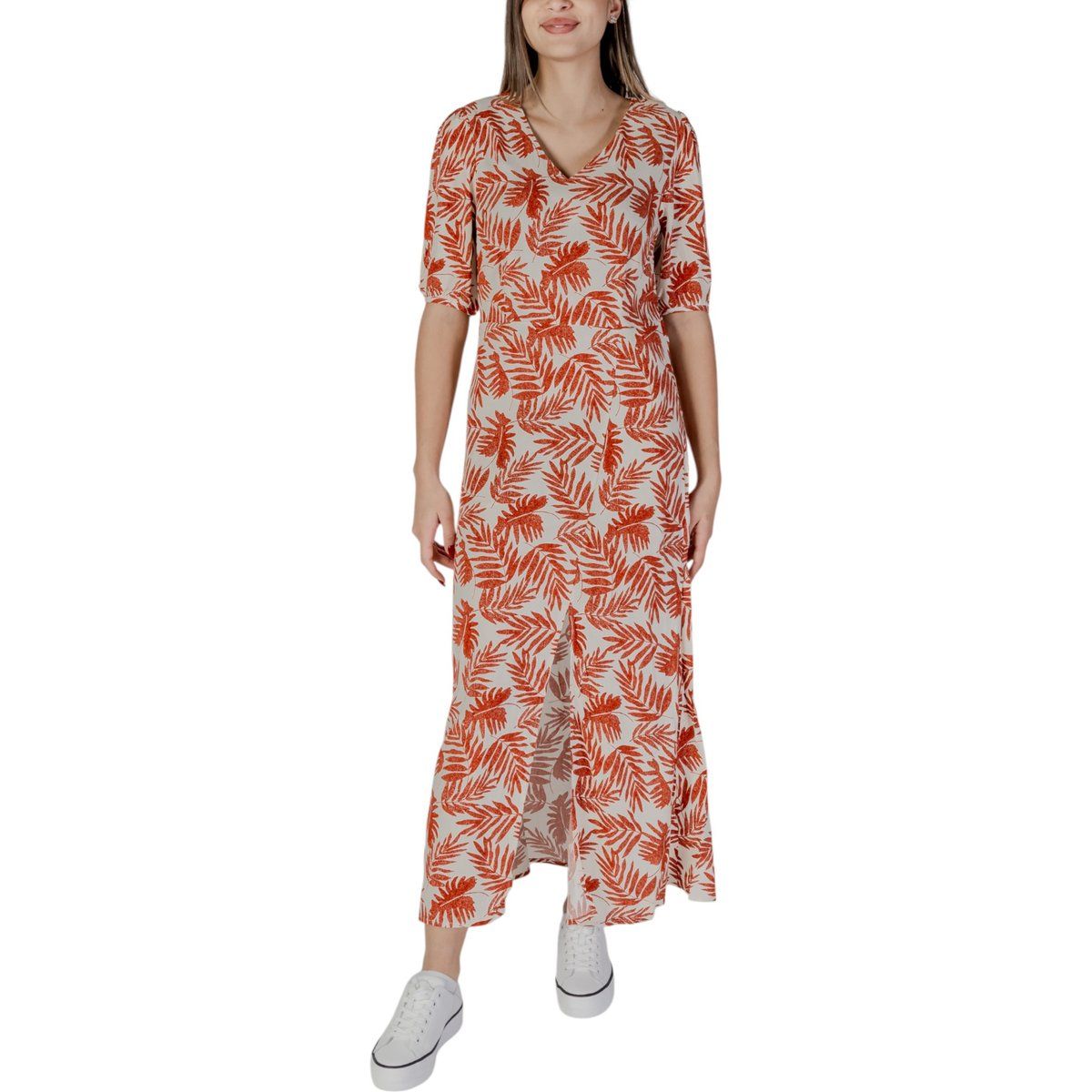 Blatt-Print Maxikleid V-Ausschnitt Kurzarm