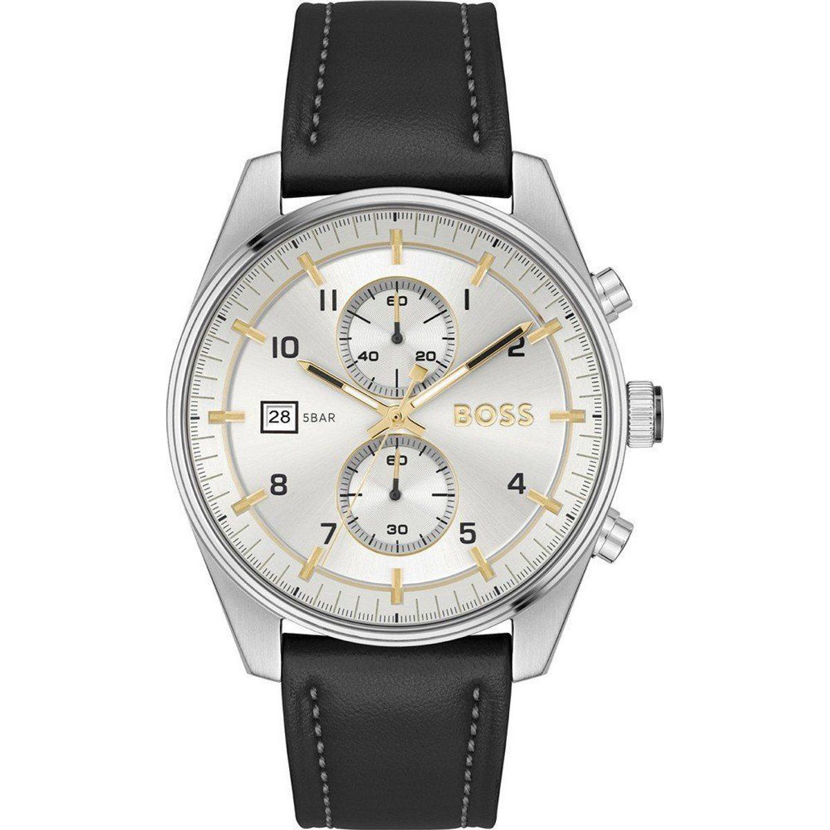 Silberne Chronograph-Armbanduhr mit schwarzem Armband