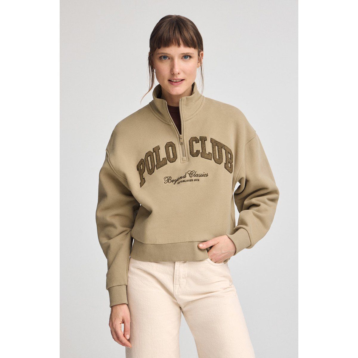 Boxy Sweatshirt mit Logo und halbem Reißverschluss