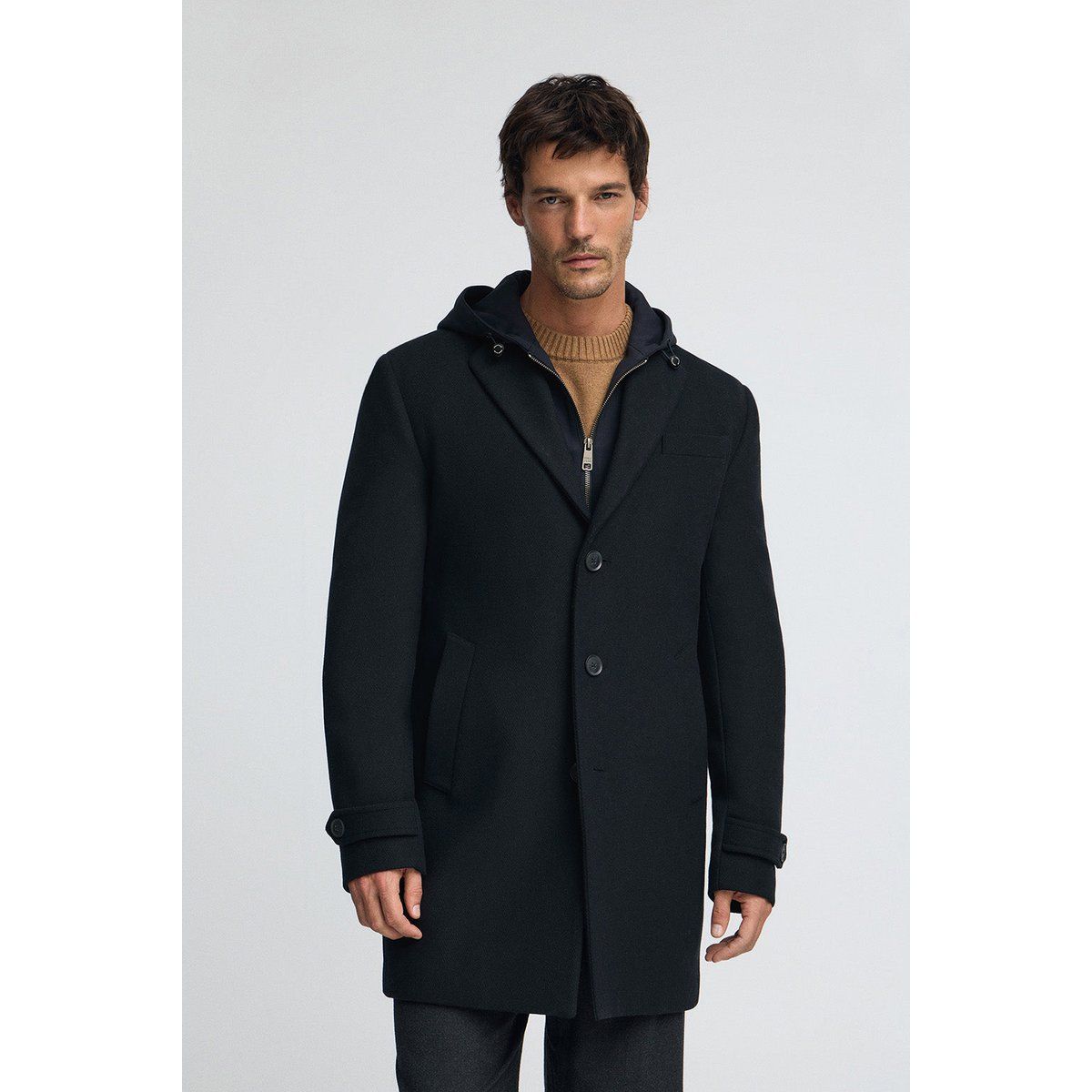 Herren Wollmischung Mantel mit Kapuze