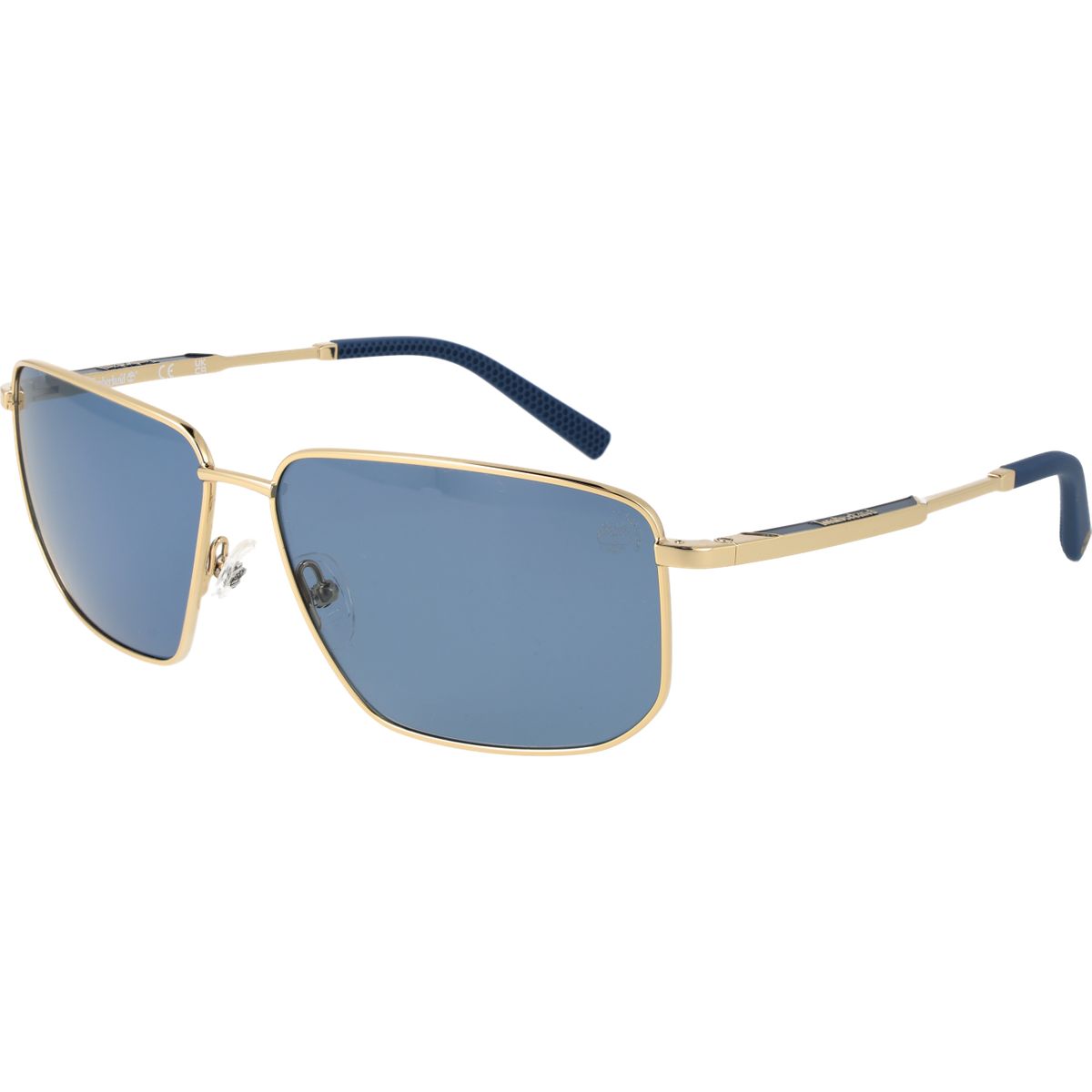 Rechteckige, goldfarbene Sonnenbrille mit blauen Gläsern