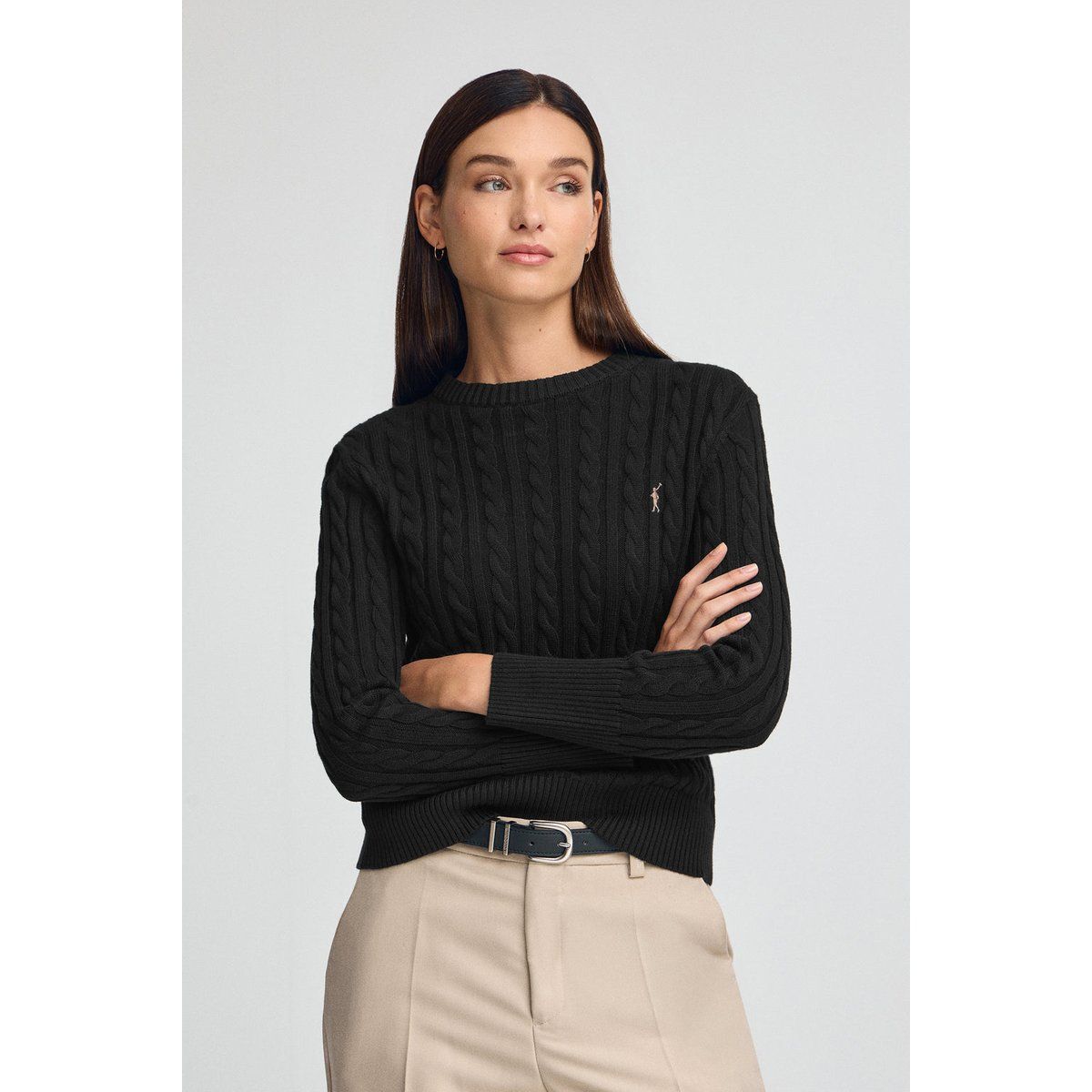 Schwarzer Zopfmuster-Pullover aus Wollmischung