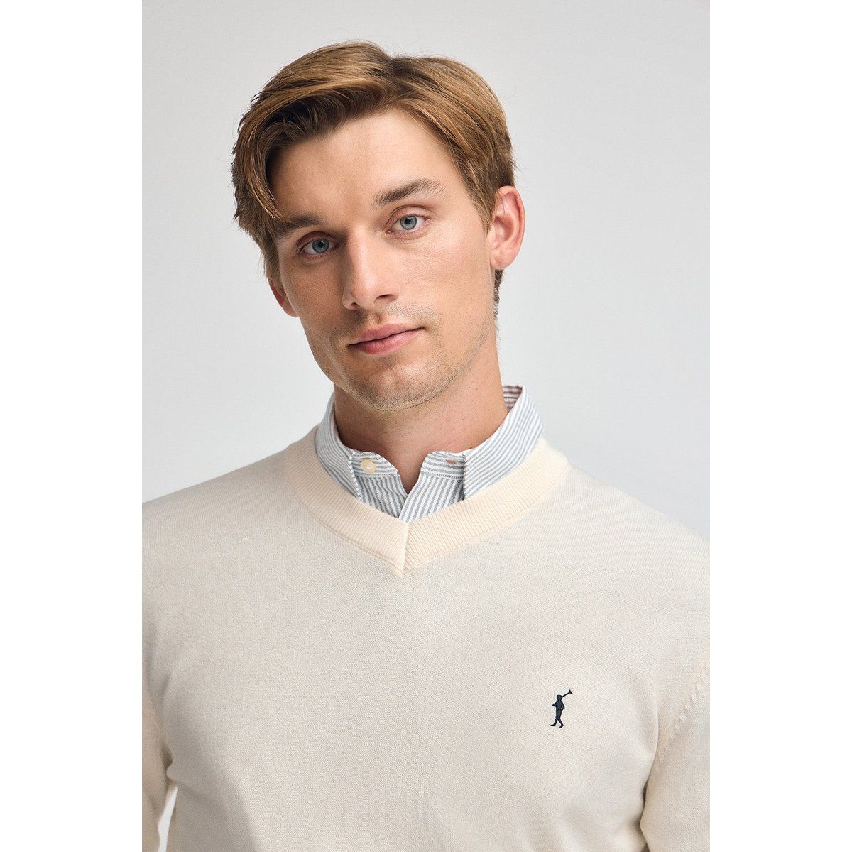 Herren Ecru V-Ausschnitt Strickpullover