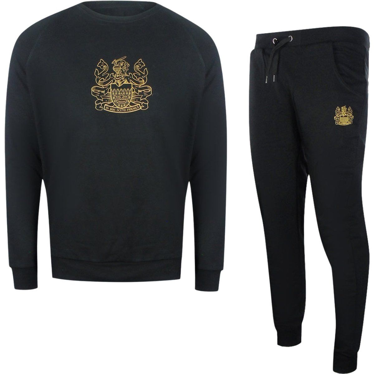 Schwarzes Trainingsanzug-Set mit Rundhalsausschnitt und Wappen