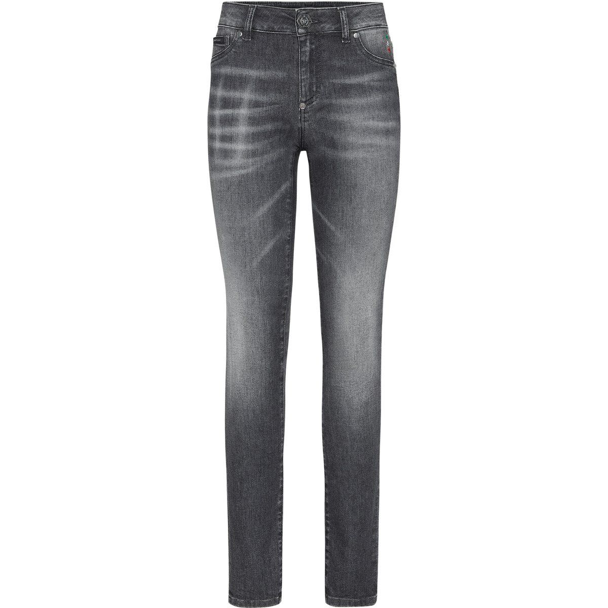 Graue Jeggings aus Denim mit Waschung und Details