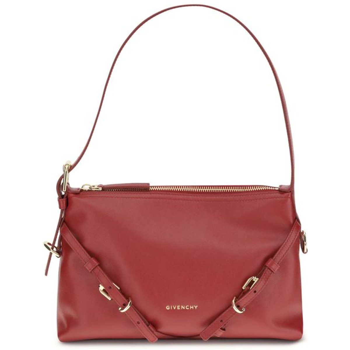 Rote Schultertasche aus Leder mit Schnallen