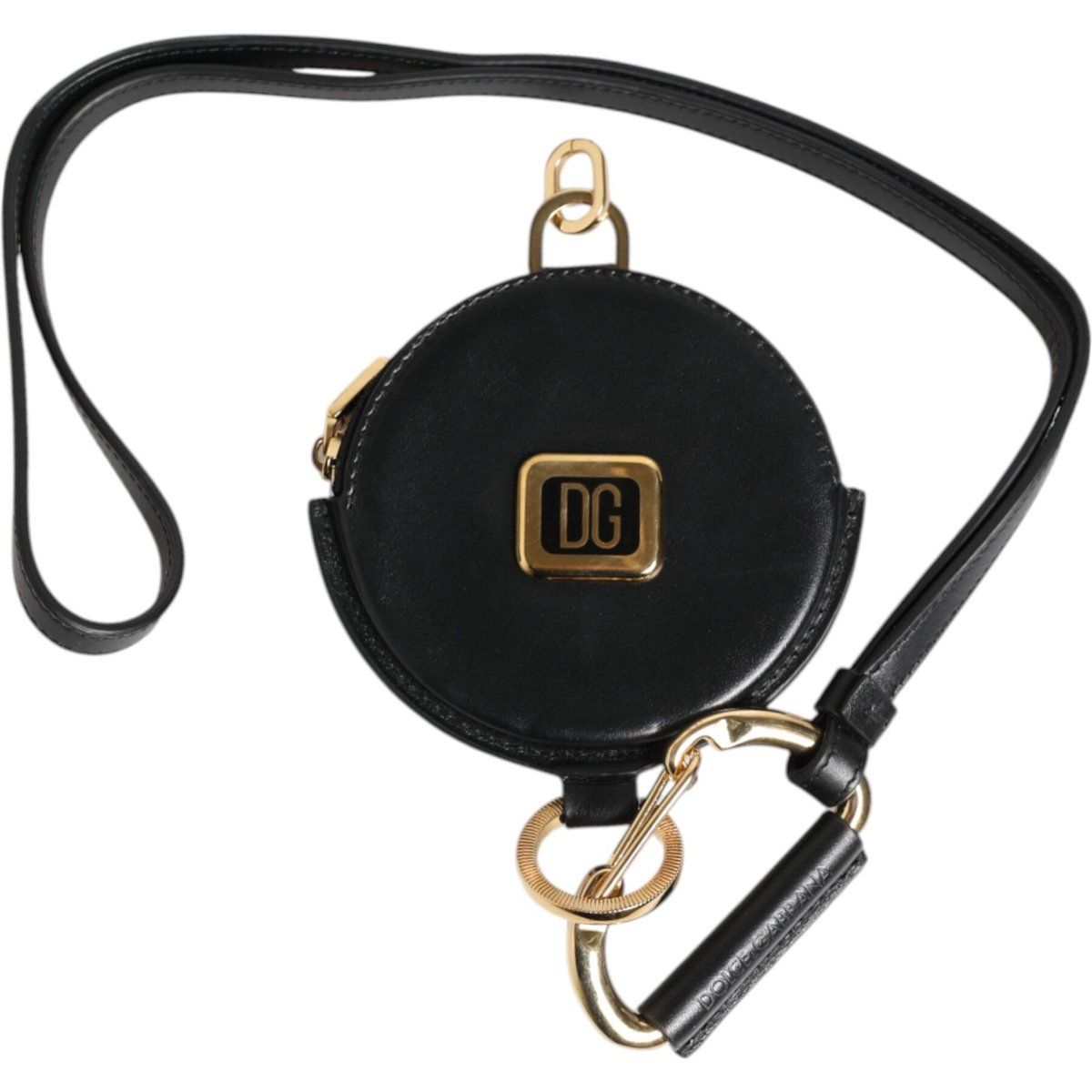 Schwarze Runde Leder DG Logo Münzgeldbörse mit Lanyard