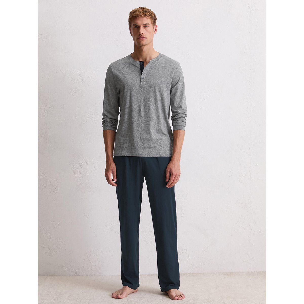 Herren Henley Pyjama-Oberteil Langarm