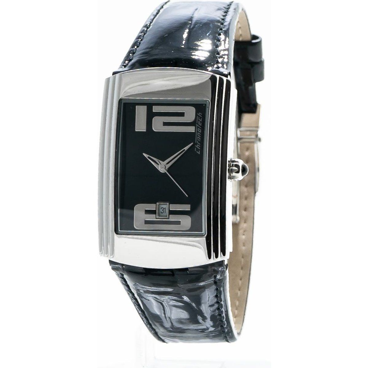 Rechteckige schwarze Uhr mit Lederarmband