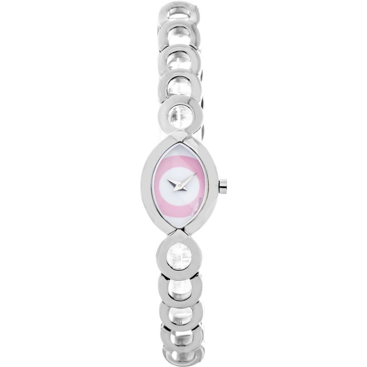 Silberfarbene ovale Armbanduhr mit rosa Zifferblatt