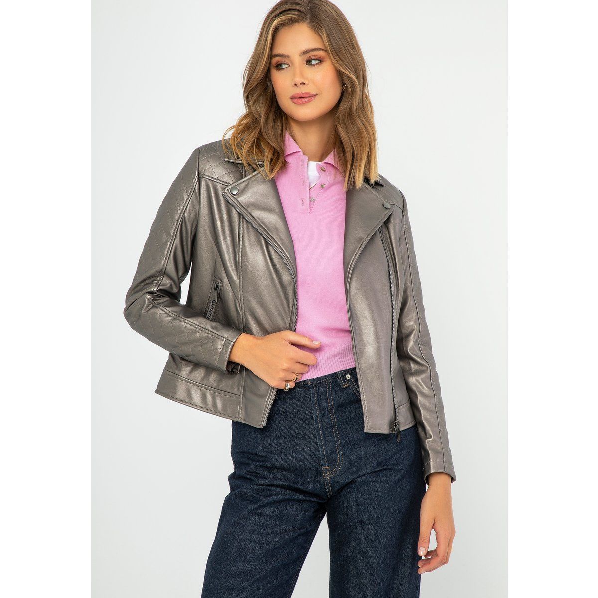 Metallic Bikerjacke aus Kunstleder