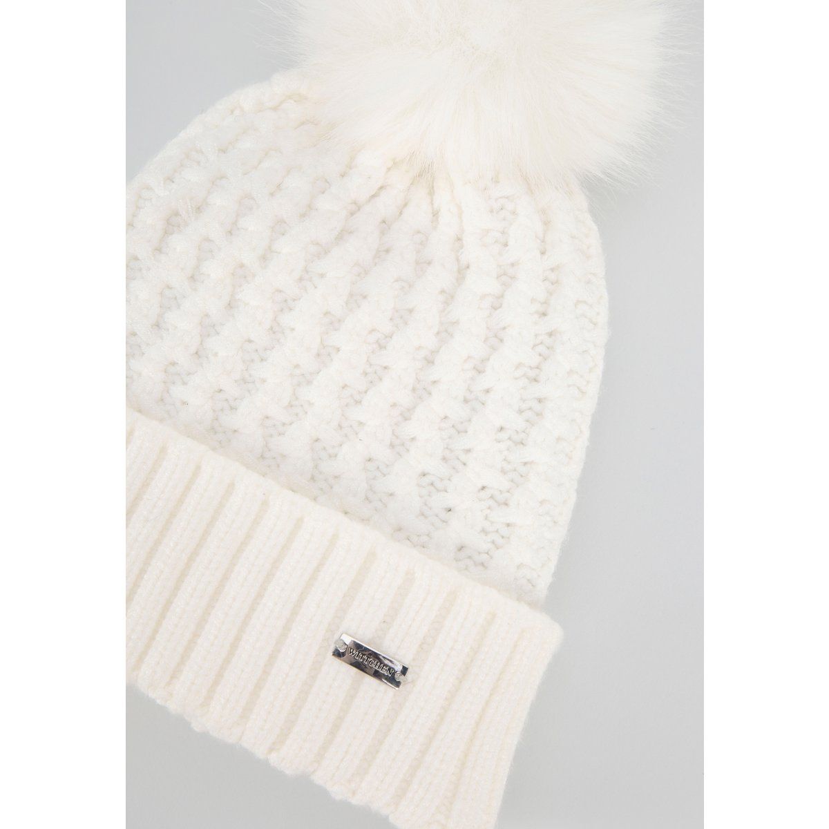 Cremefarbene Beanie mit Bommel