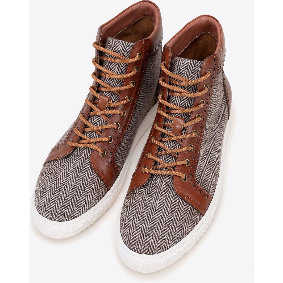 Fischgrätenmuster High-Top Sneaker mit Lederbesatz