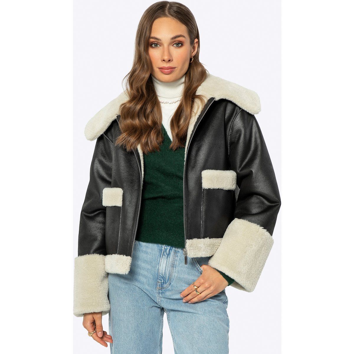 Kunstlederjacke mit Shearling-Besatz