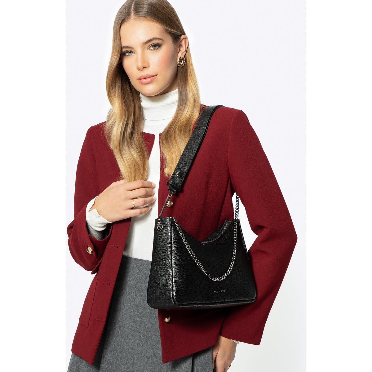 Leder Baguette Schultertasche mit Kette