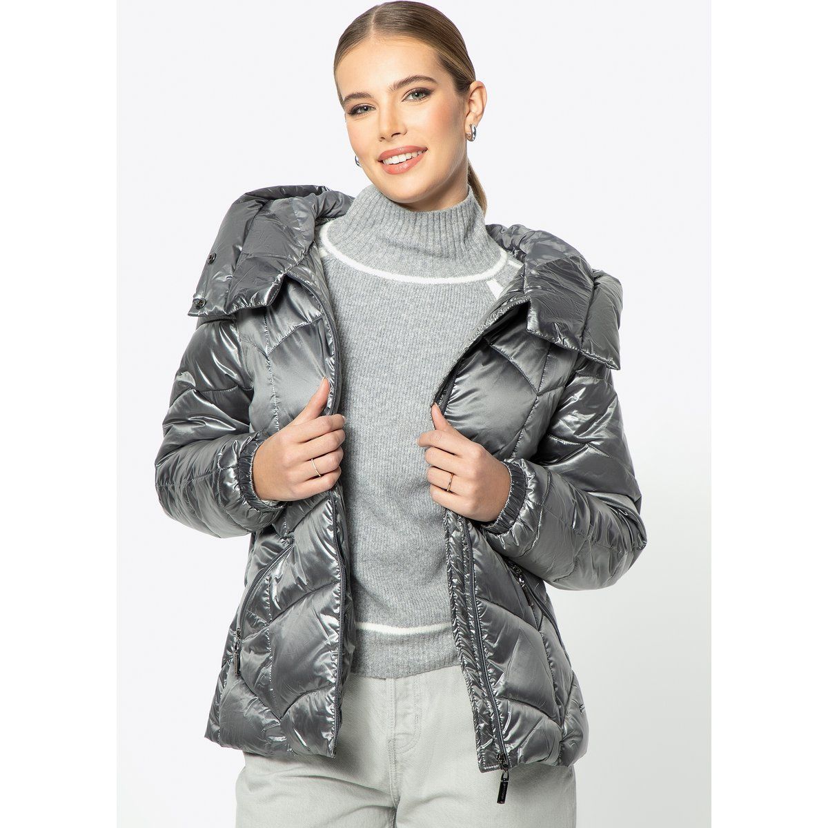 Metallic Silberne Gepolsterte Pufferjacke