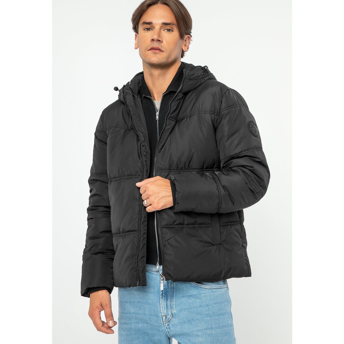 Schwarze Herren Steppjacke mit Kapuze