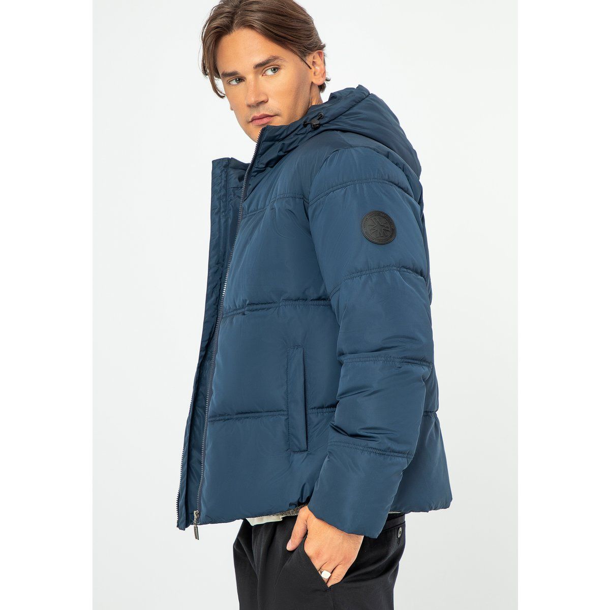 Herren Marineblaue Steppjacke mit Kapuze