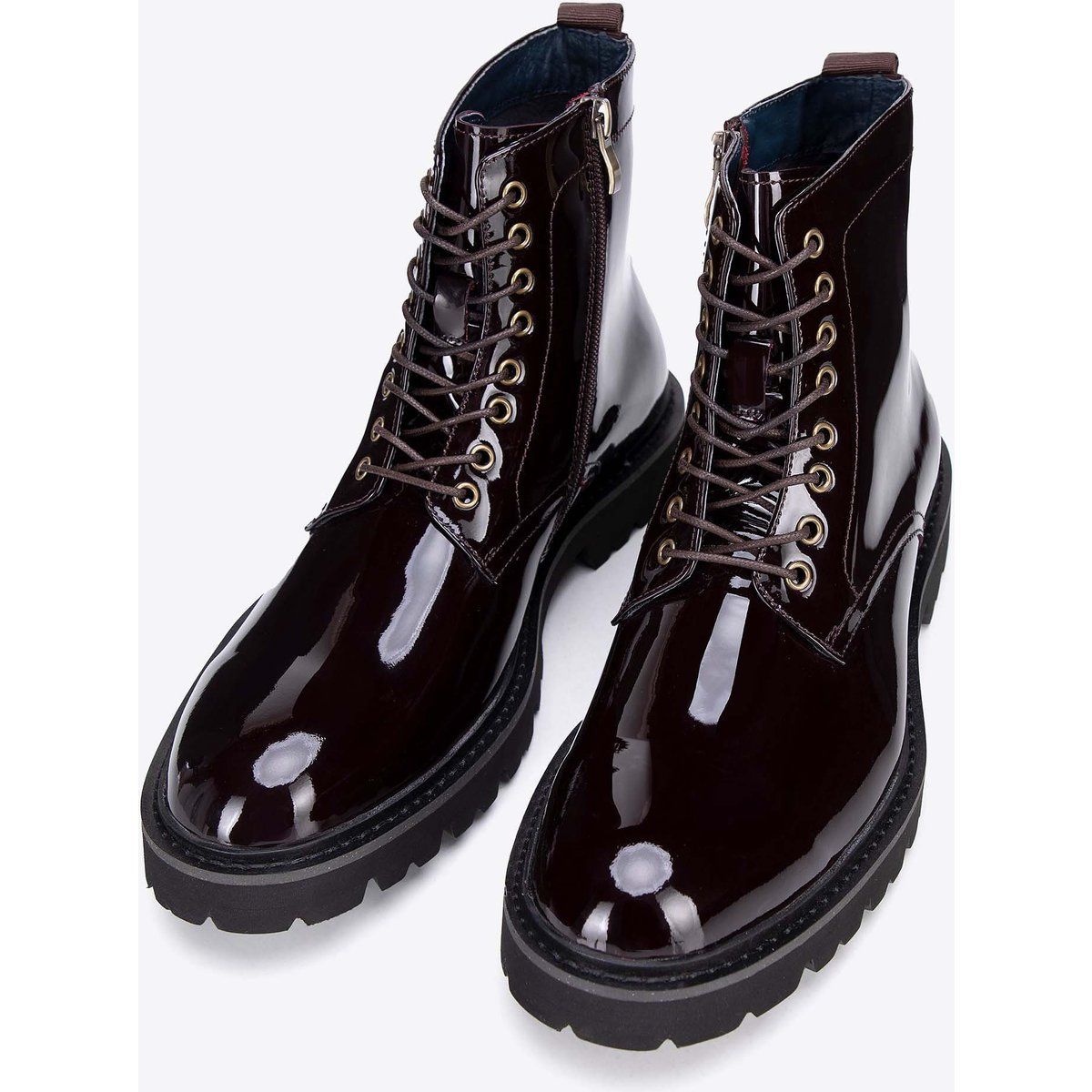 Burgunderfarbene Kampfstiefel aus Leder mit Schnürsenkeln