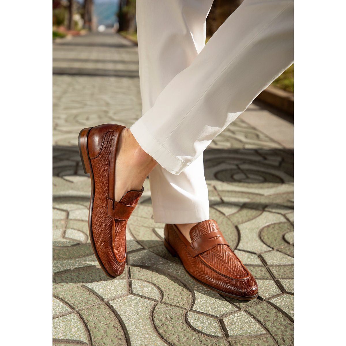 Herren Leder Penny Loafers mit Fischgrätmuster
