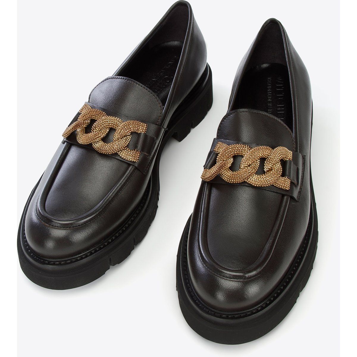 Dunkelbraune Plateau-Loafer aus Leder mit Kette