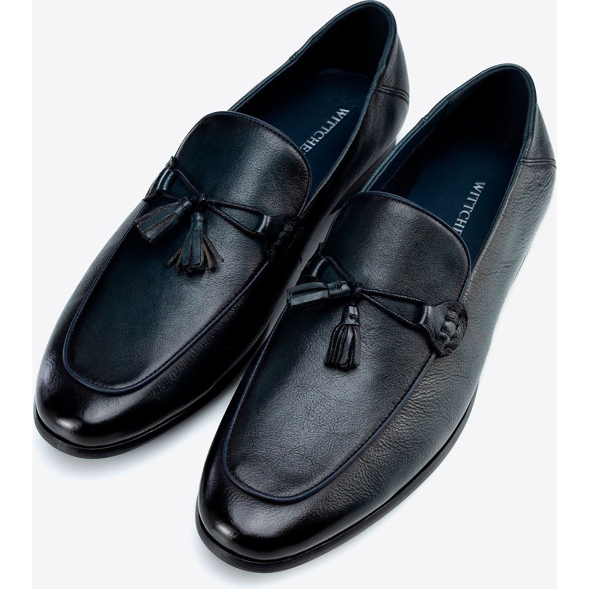 Leder-Slipper mit Quasten in Marineblau