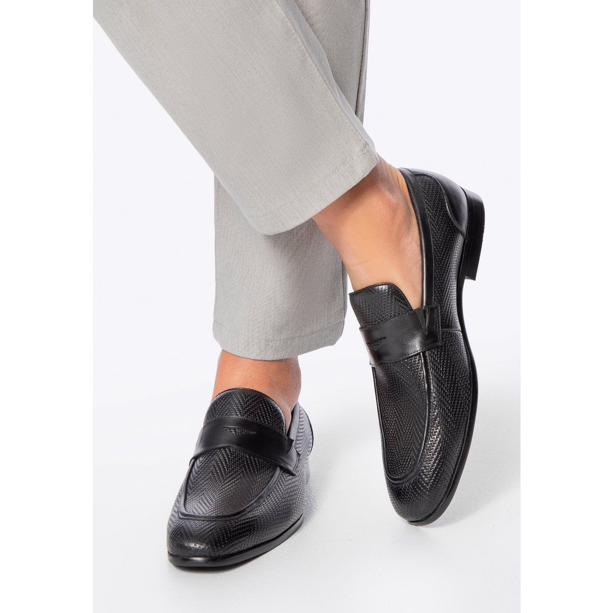 Herren Leder Penny Loafer mit Fischgrätmuster