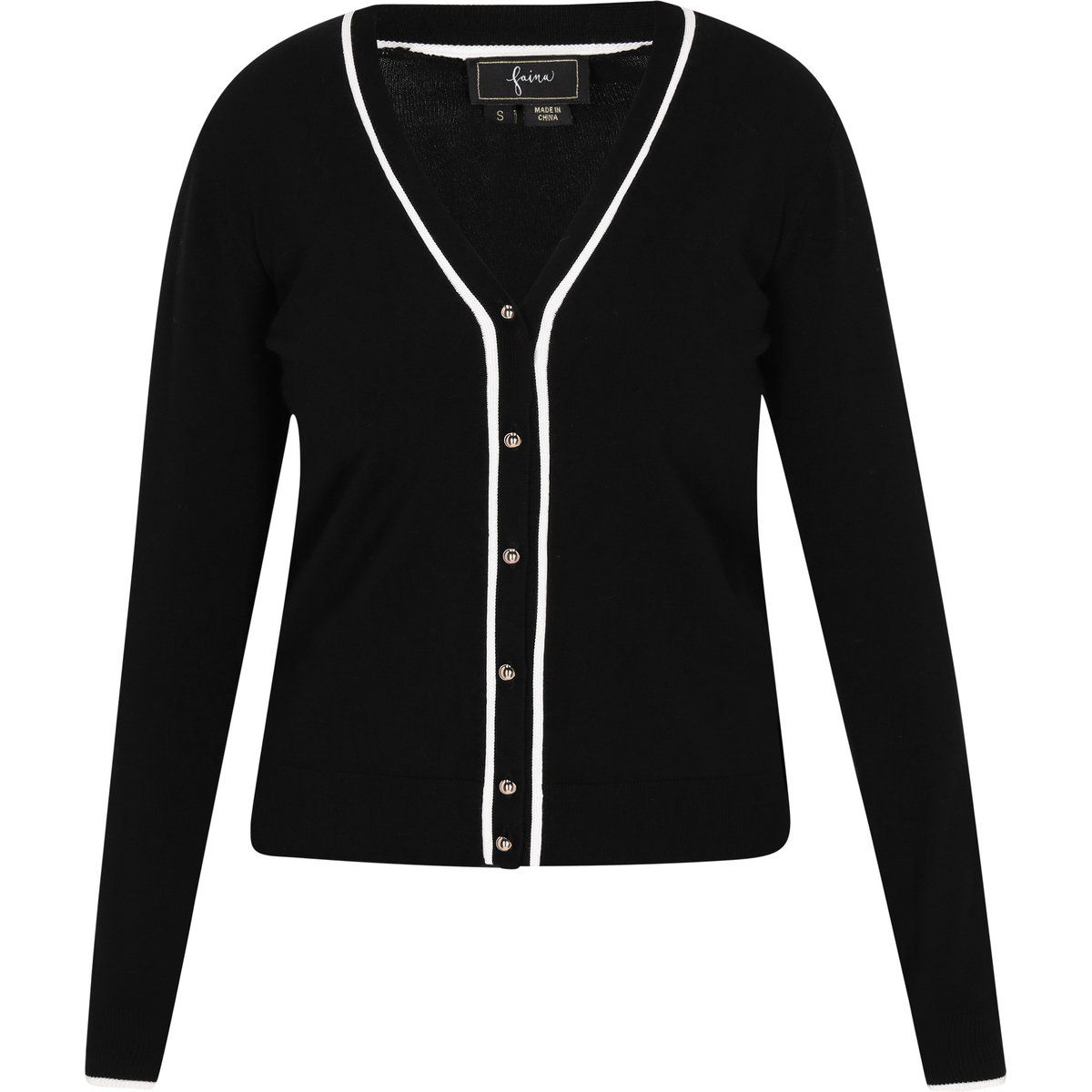 Klassische schwarze Strickjacke mit Kontrastbesatz