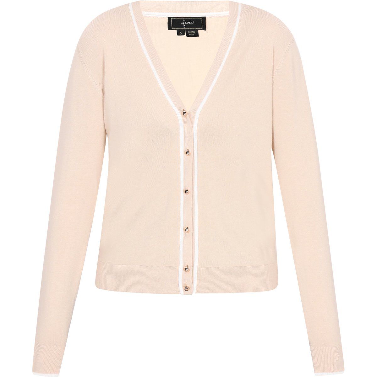 Beige Strickjacke mit V-Ausschnitt und Kontrastbesatz