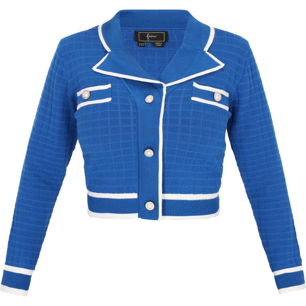 Klassische, verkürzte Strickjacke mit Besatz