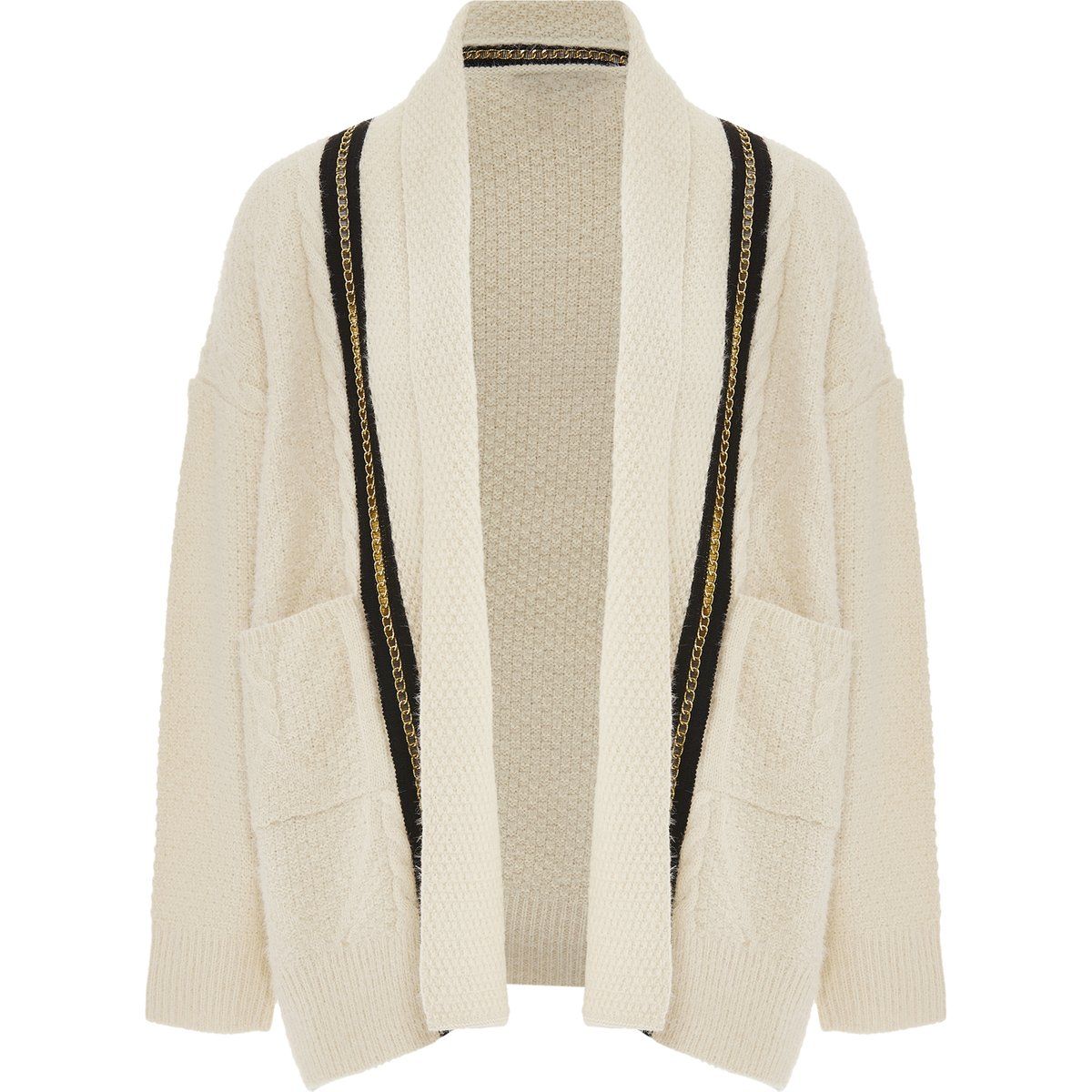 Offene Strickjacke mit Strukturmuster und Borte