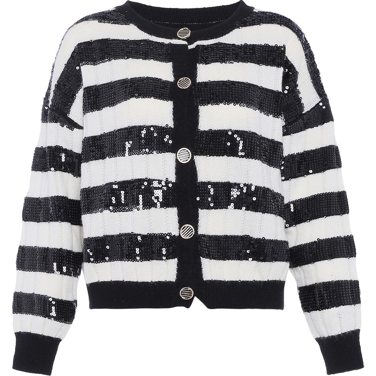Gestreifte, paillettenbesetzte Strickjacke