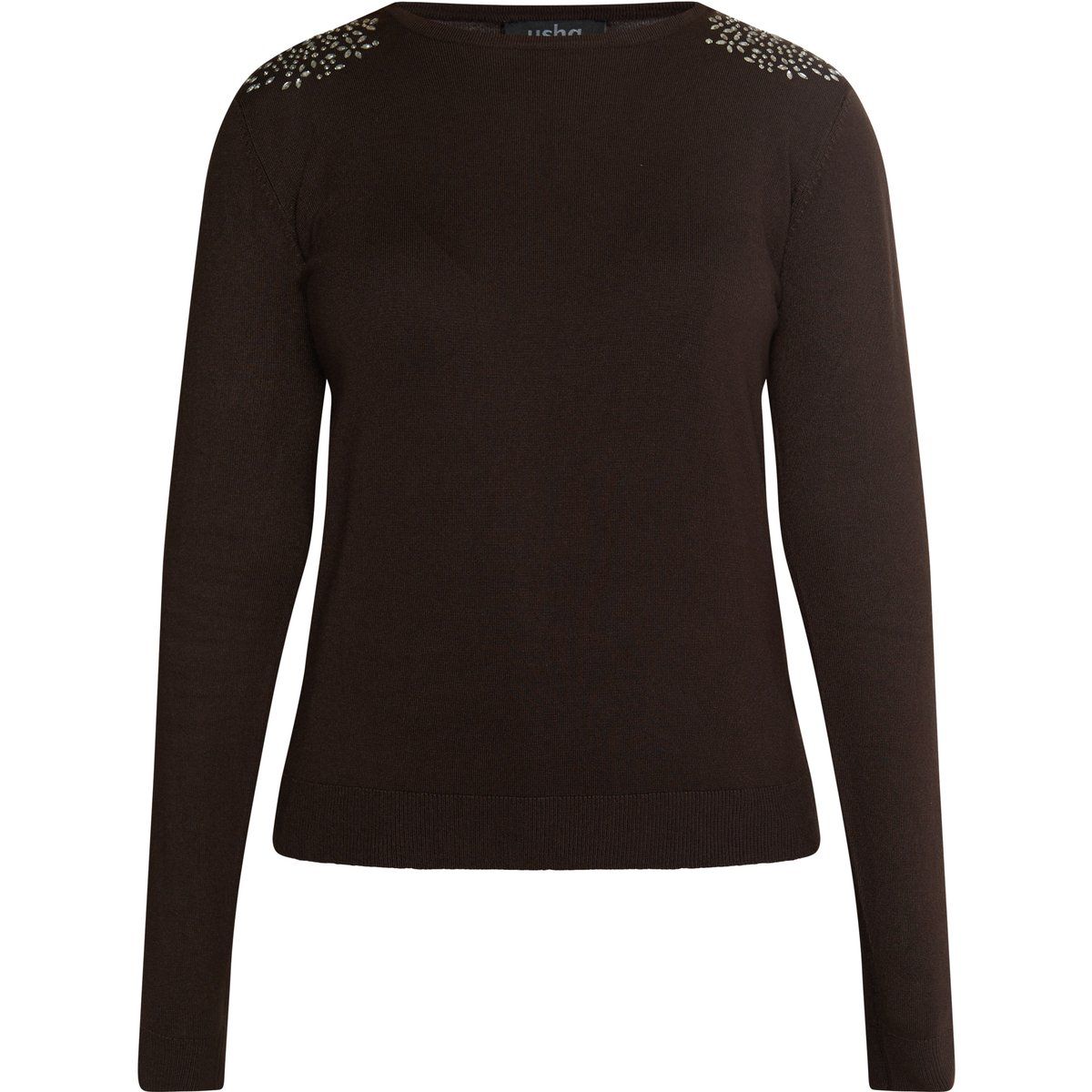 Dunkelbrauner Strickpullover mit Schulterapplikation