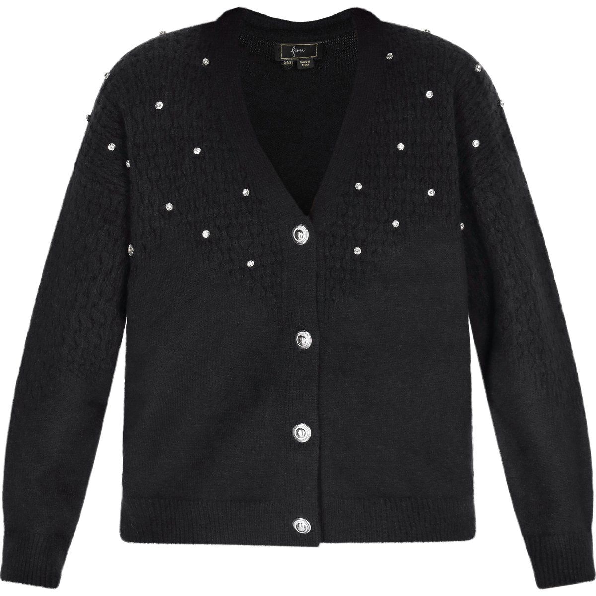 Verzierte Strickjacke mit V-Ausschnitt und Knopfleiste
