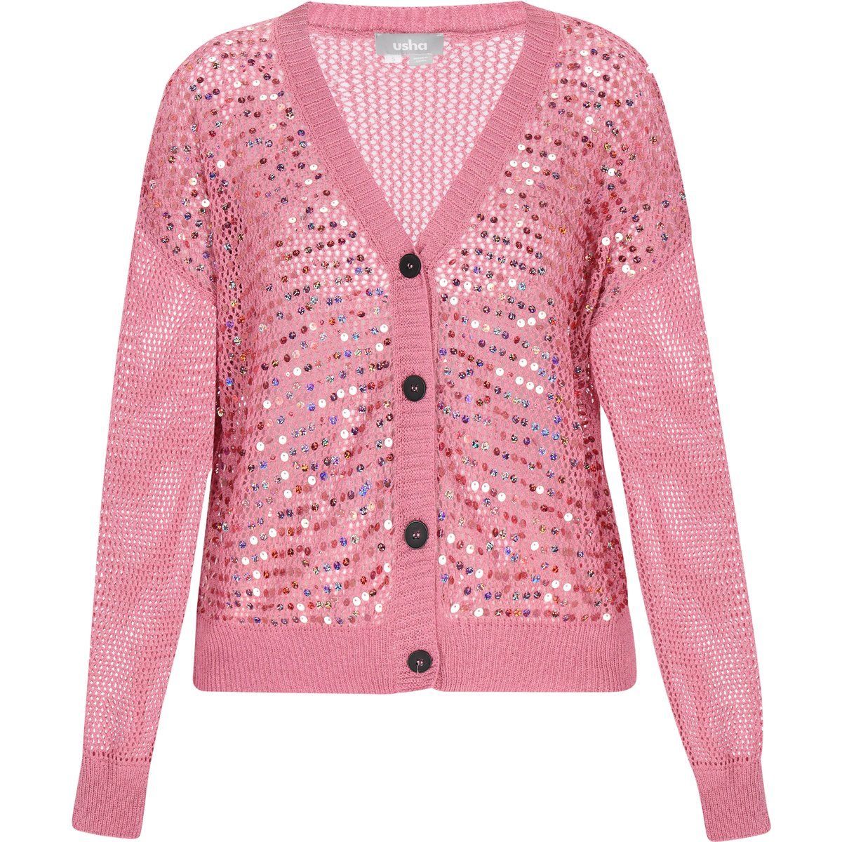 Strickjacke mit Pailletten und offenem Strickmuster