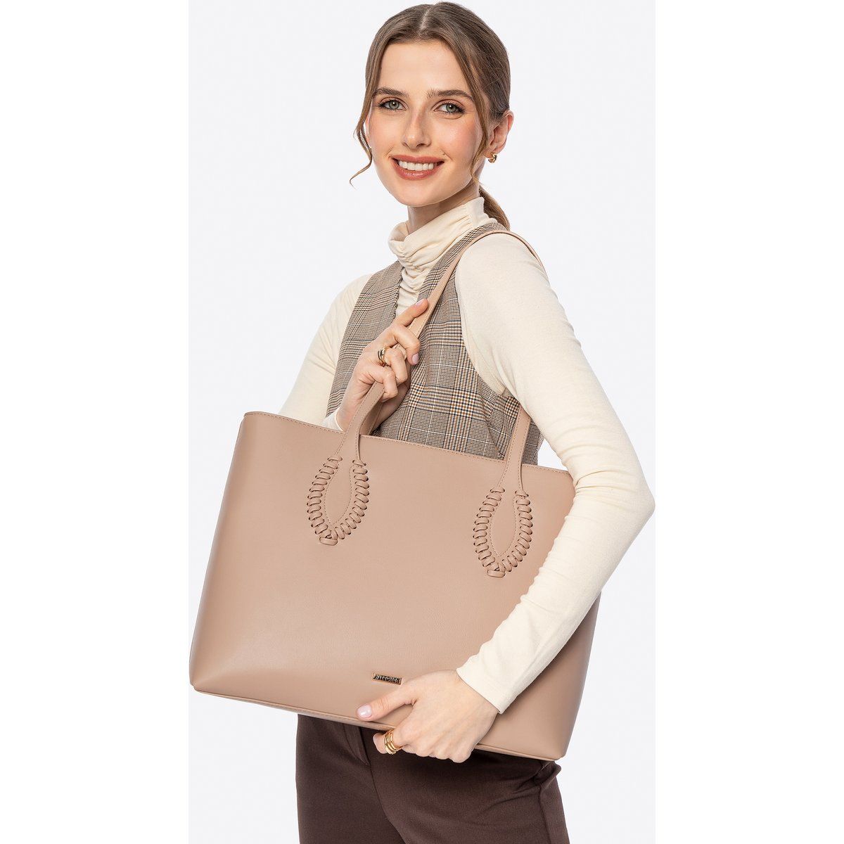 Beige Shopper Tote Bag aus Kunstleder