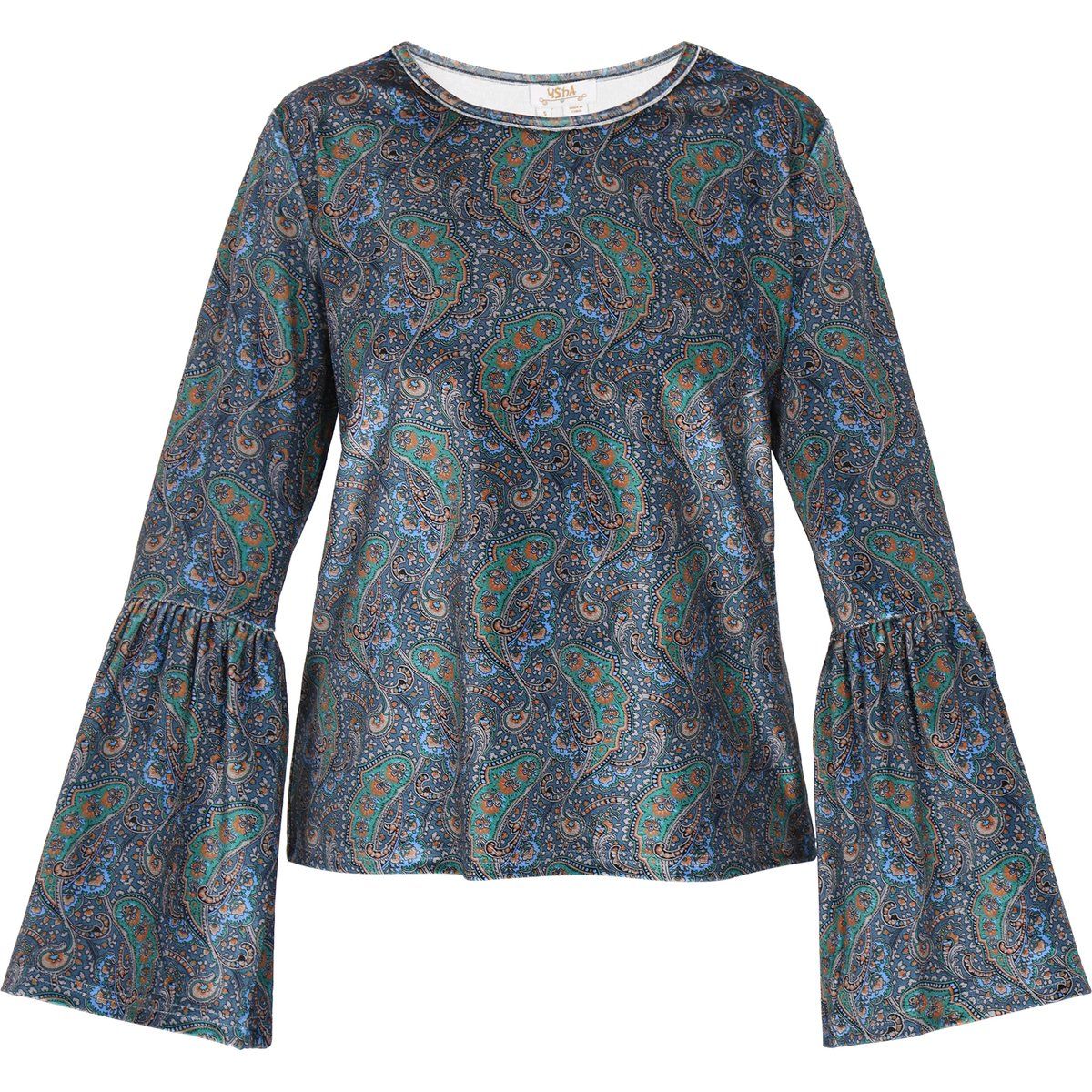 Paisley Samt Top mit Glockenärmeln