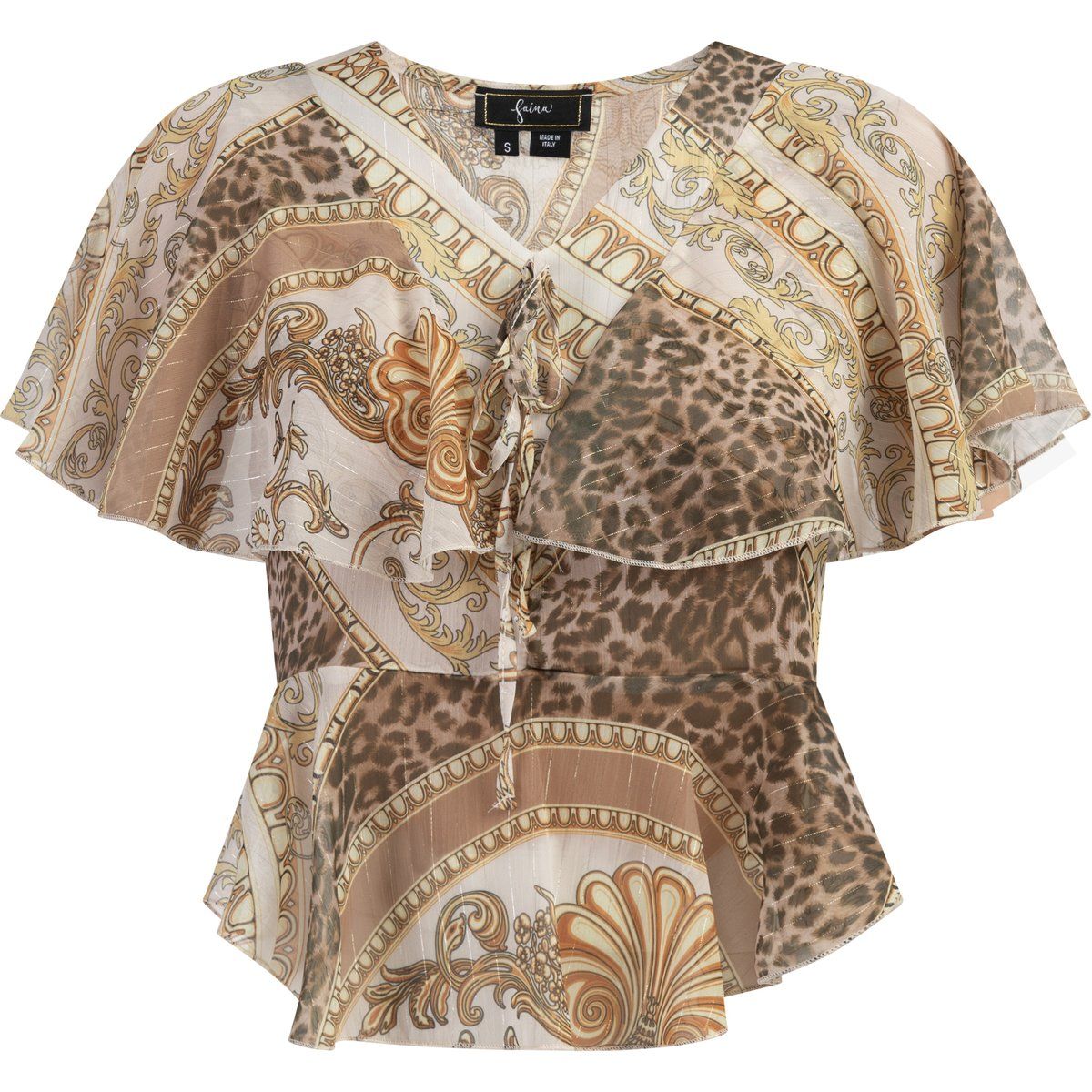Bedruckte Peplum-Bluse mit Rüschen und Bindeband