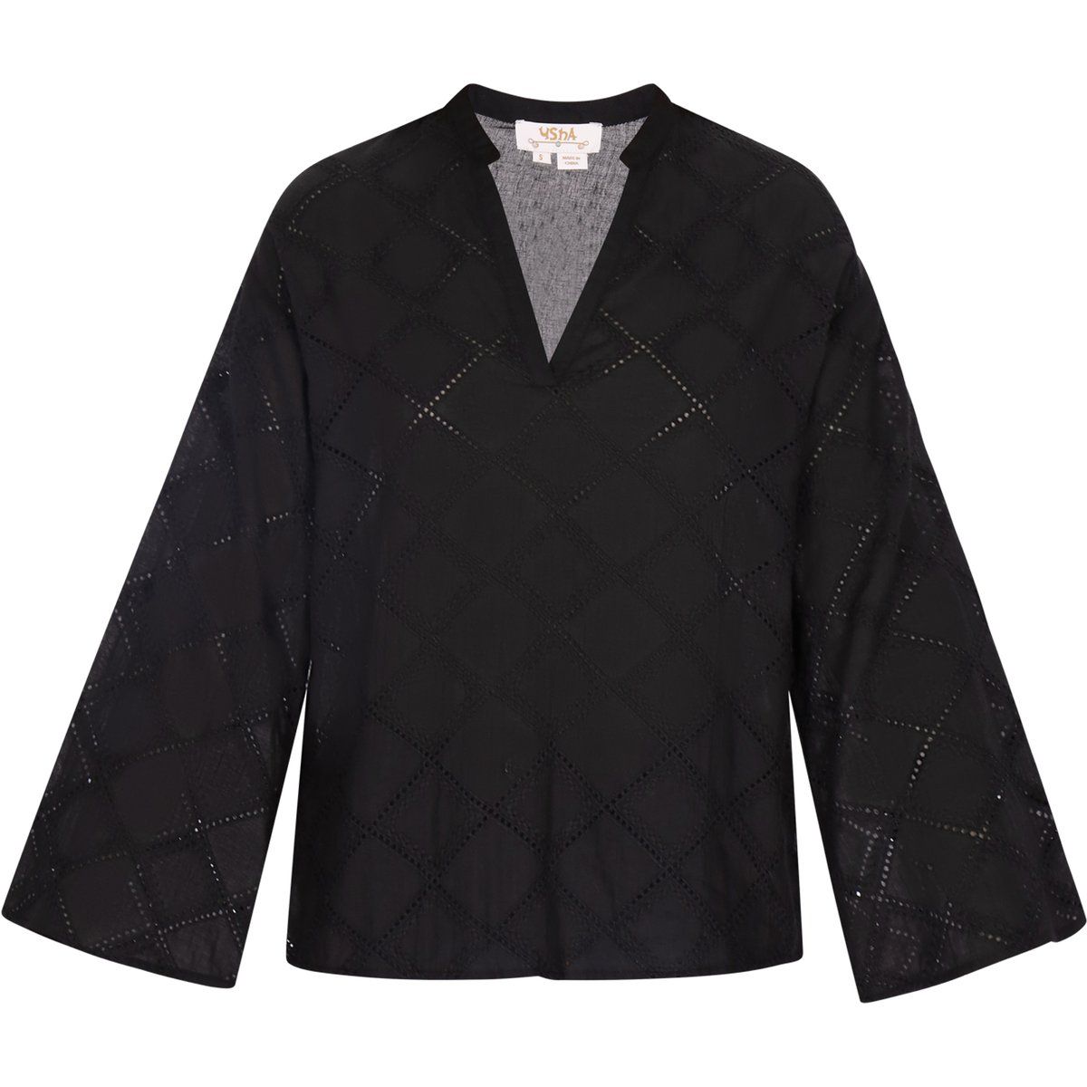 Elegante schwarze Gitterbluse mit ausgestellten Ärmeln