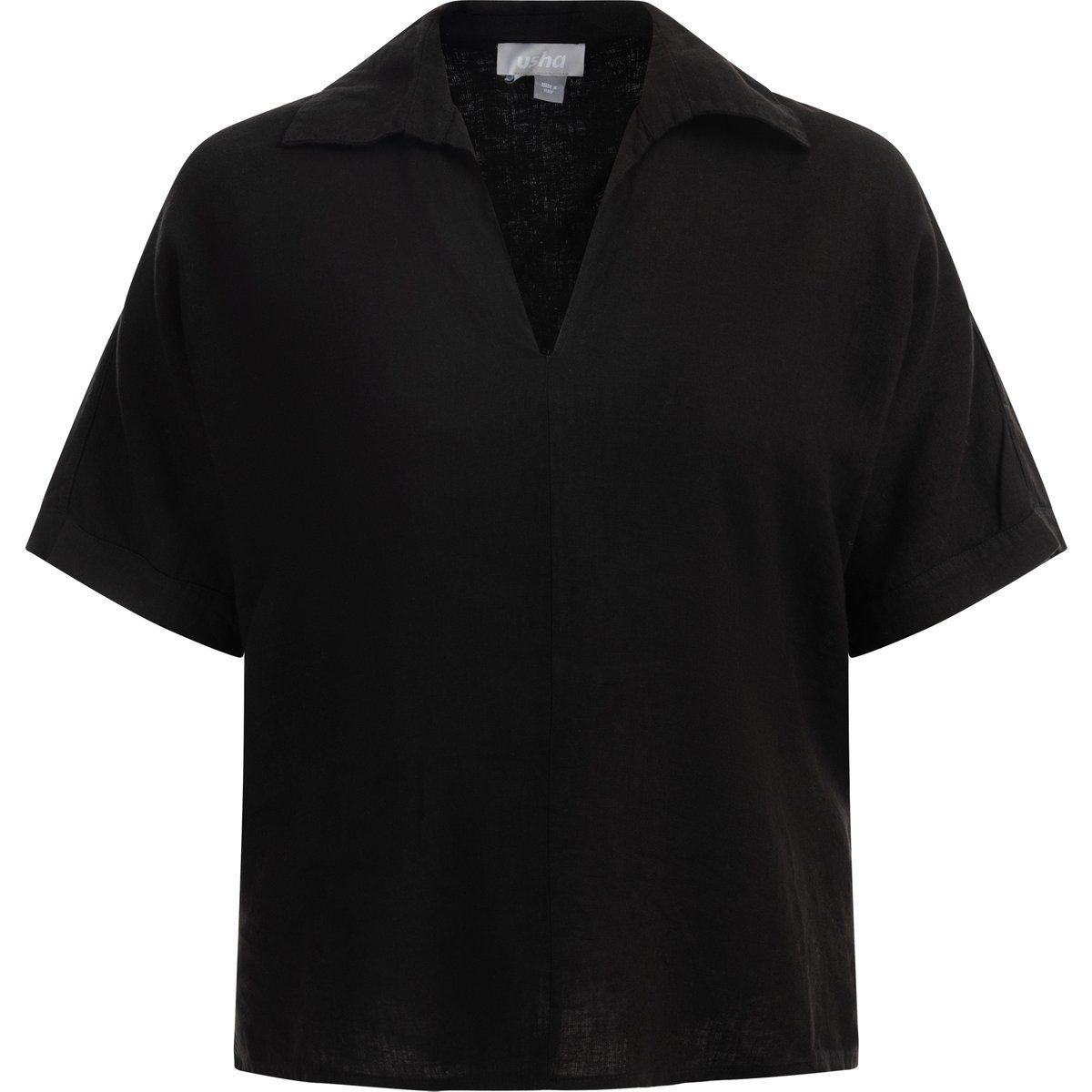 Schwarze Leinenmischung Bluse mit V-Ausschnitt