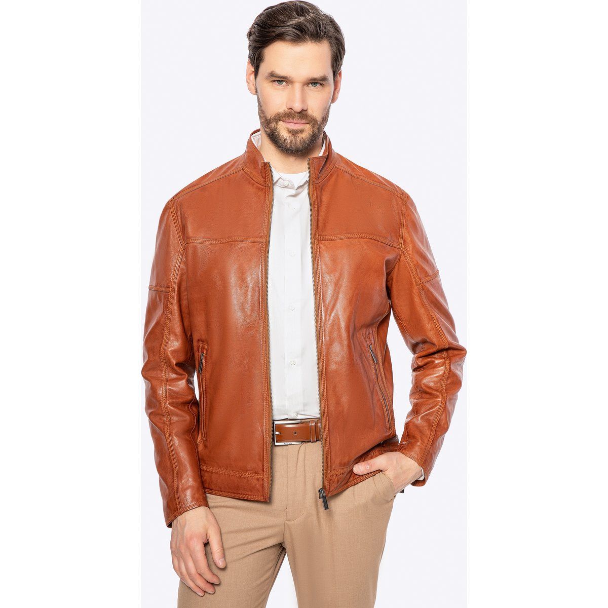 Herren-Bikerjacke aus hellbraunem Leder