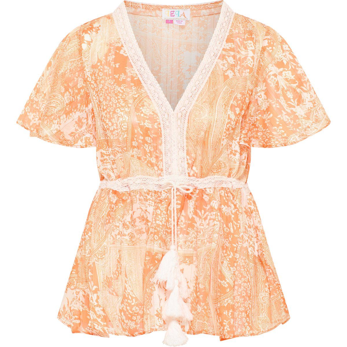 Bluse mit floralem Paisley-Muster und Spitzenbesatz