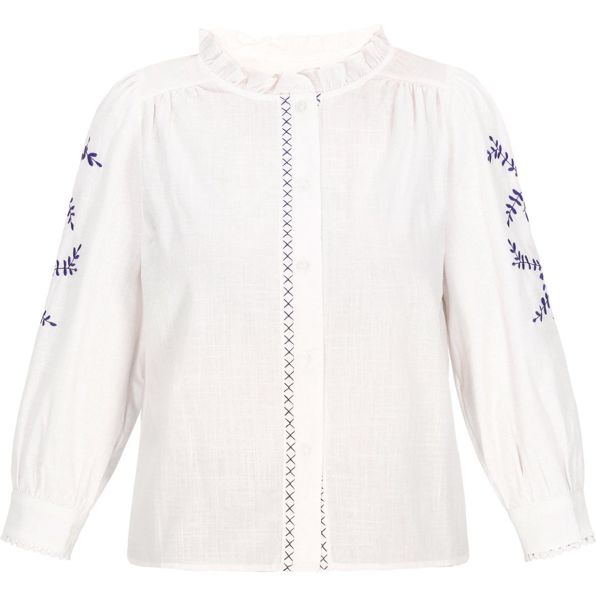 Langärmlige Bluse mit Stickerei und Rüschen